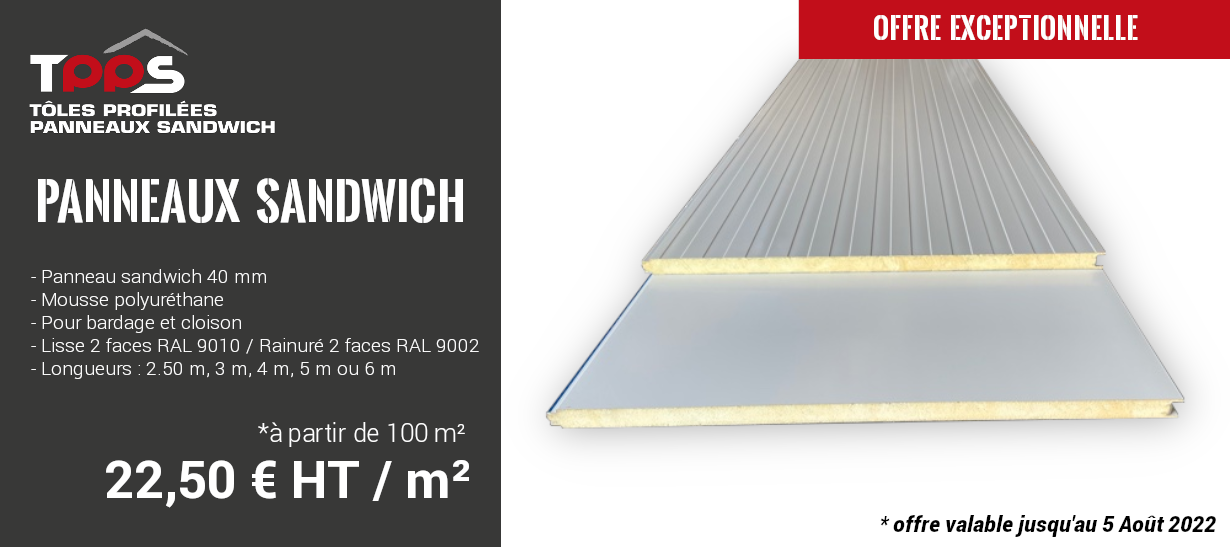 Panneau sandwich 40 mm, Mousse polyuréthane, Pour bardage et cloison