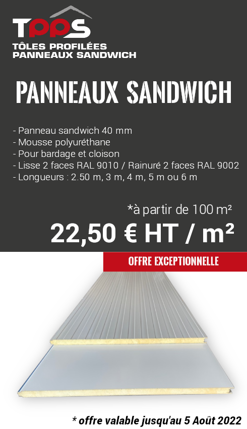 Panneau sandwich 40 mm, Mousse polyuréthane, Pour bardage et cloison